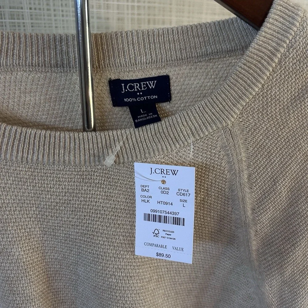 J‎ Crew Sweater 100% Cotton Oatmeal Tan Crew Neck Men's Size Large New! T